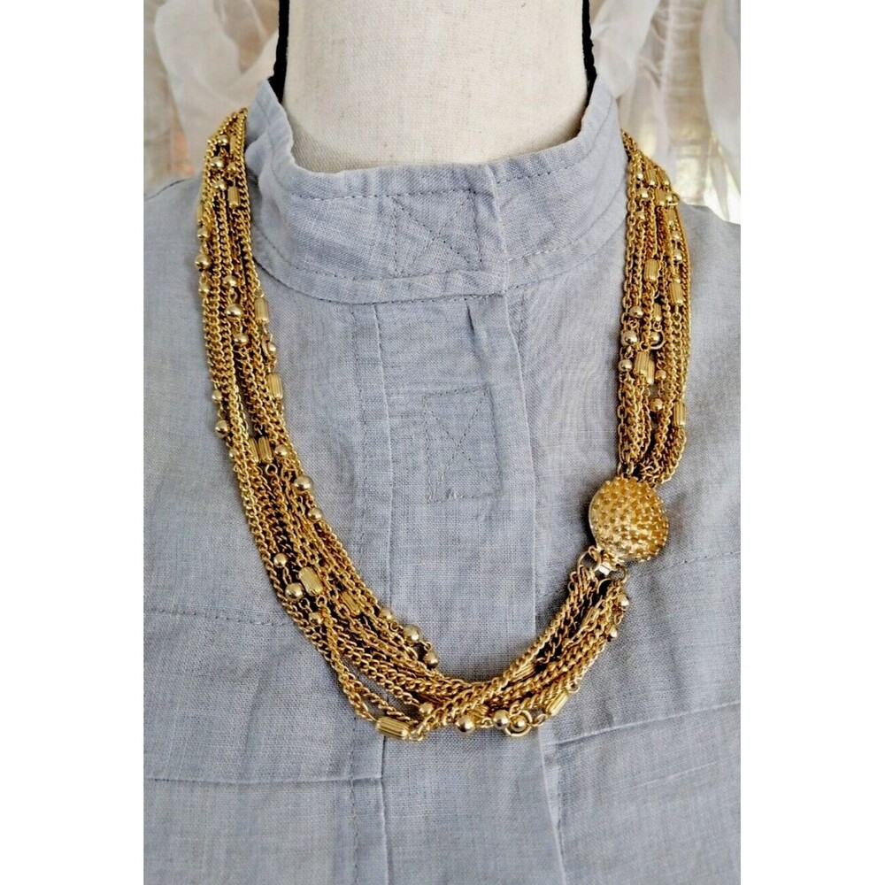 Vintage Multi Strand Chunky Chain Statement NECKLACE Spike Clasp Gold Tone